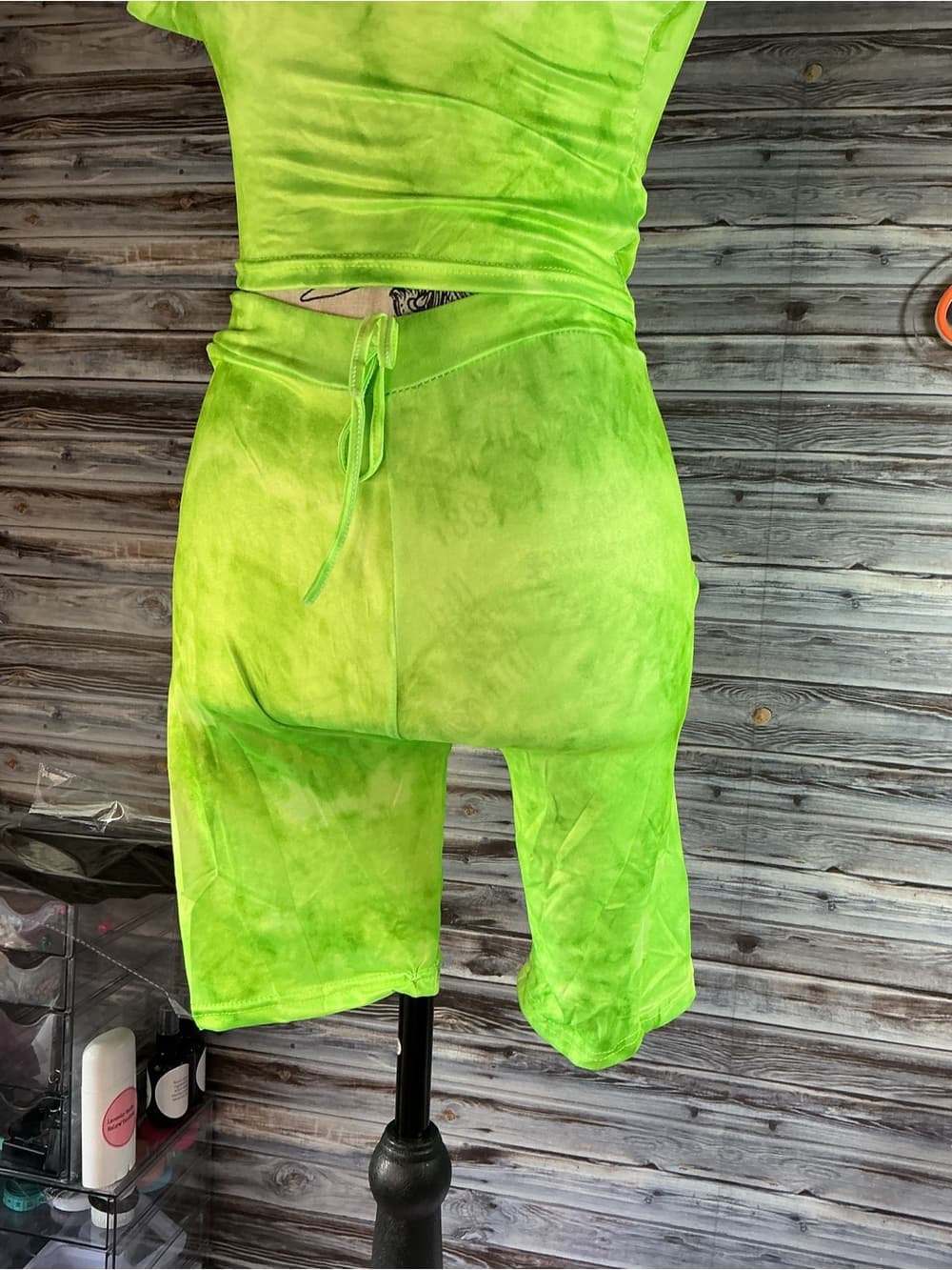 ⭐ Neon Lime Tie Dye Biker Short Set Two Piece Lounge Outfit - Thumbnail 2