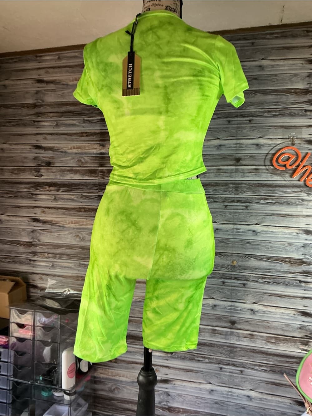 ⭐ Neon Lime Tie Dye Biker Short Set Two Piece Lounge Outfit - Thumbnail 4