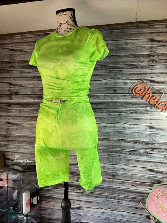 ⭐ Neon Lime Tie Dye Biker Short Set Two Piece Lounge Outfit - Thumbnail 8