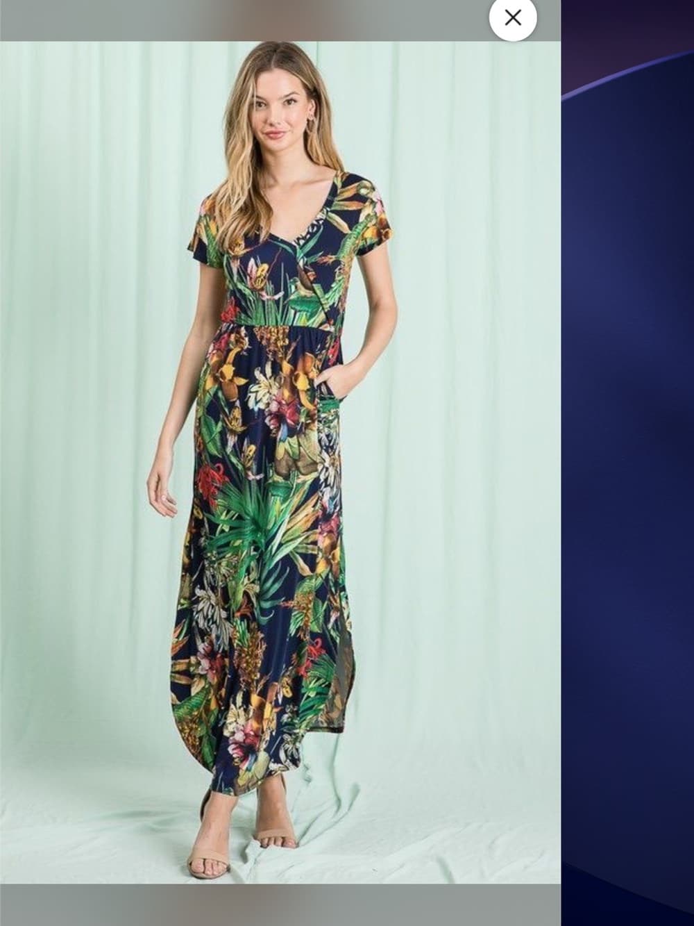 ⭐ Tropical Floral Maxi Dress Navy Botanical Print Pockets Boho Chic - Thumbnail 6