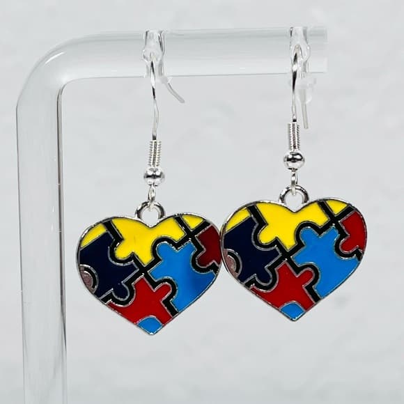 Autism Awareness Puzzle Heart Earrings Colorful Dangle Cute Gift - Thumbnail 9