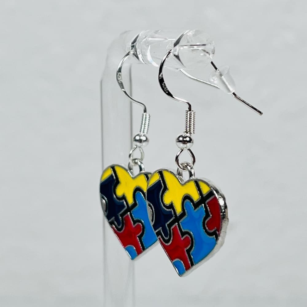 Autism Awareness Puzzle Heart Earrings Colorful Dangle Cute Gift - Thumbnail 2