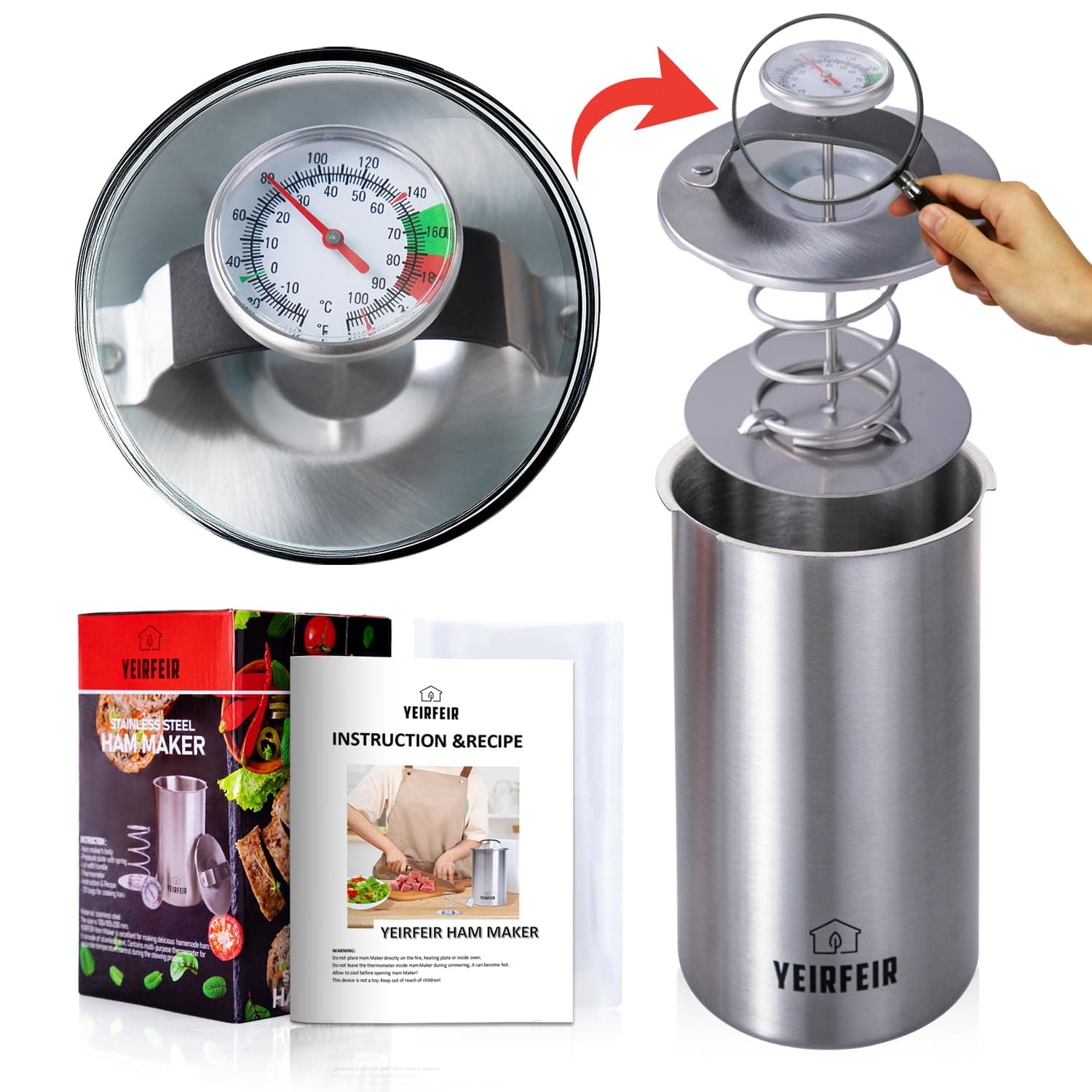 YEIRFEIR 304 Stainless Steel Ham Maker Press With Large Dial Thermometer and Coo - Thumbnail 2