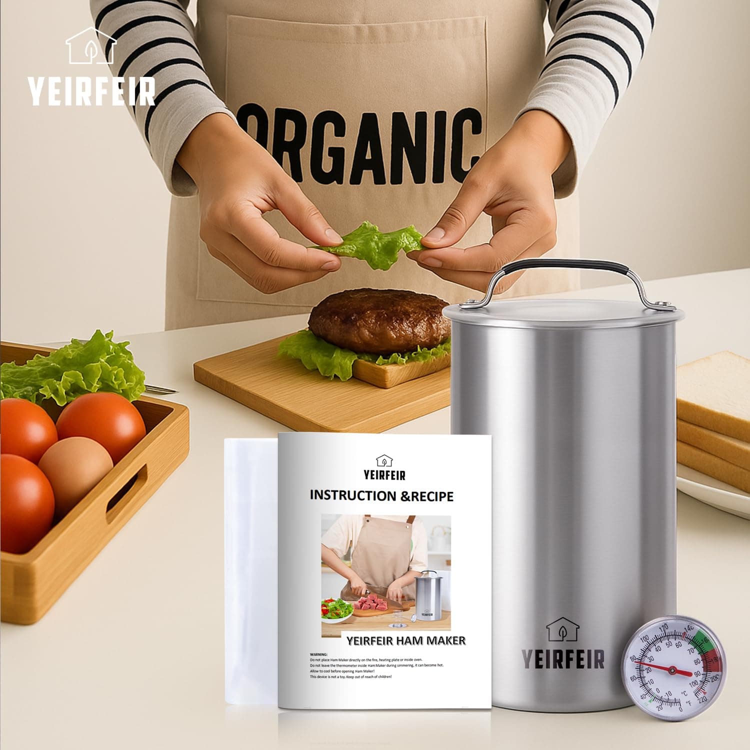 YEIRFEIR 304 Stainless Steel Ham Maker Press With Large Dial Thermometer and Coo - Thumbnail 8