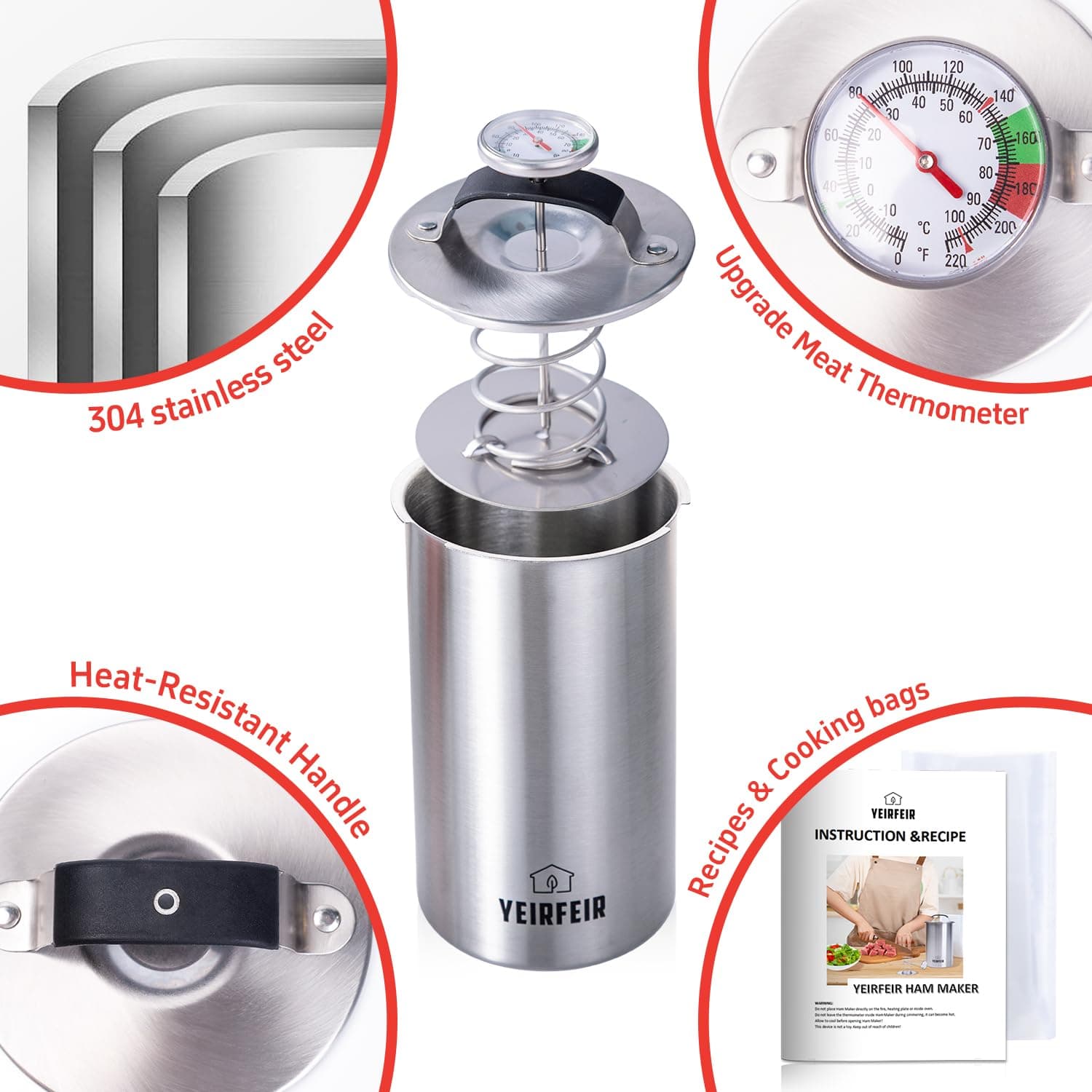 YEIRFEIR 304 Stainless Steel Ham Maker Press With Large Dial Thermometer and Coo - Thumbnail 3