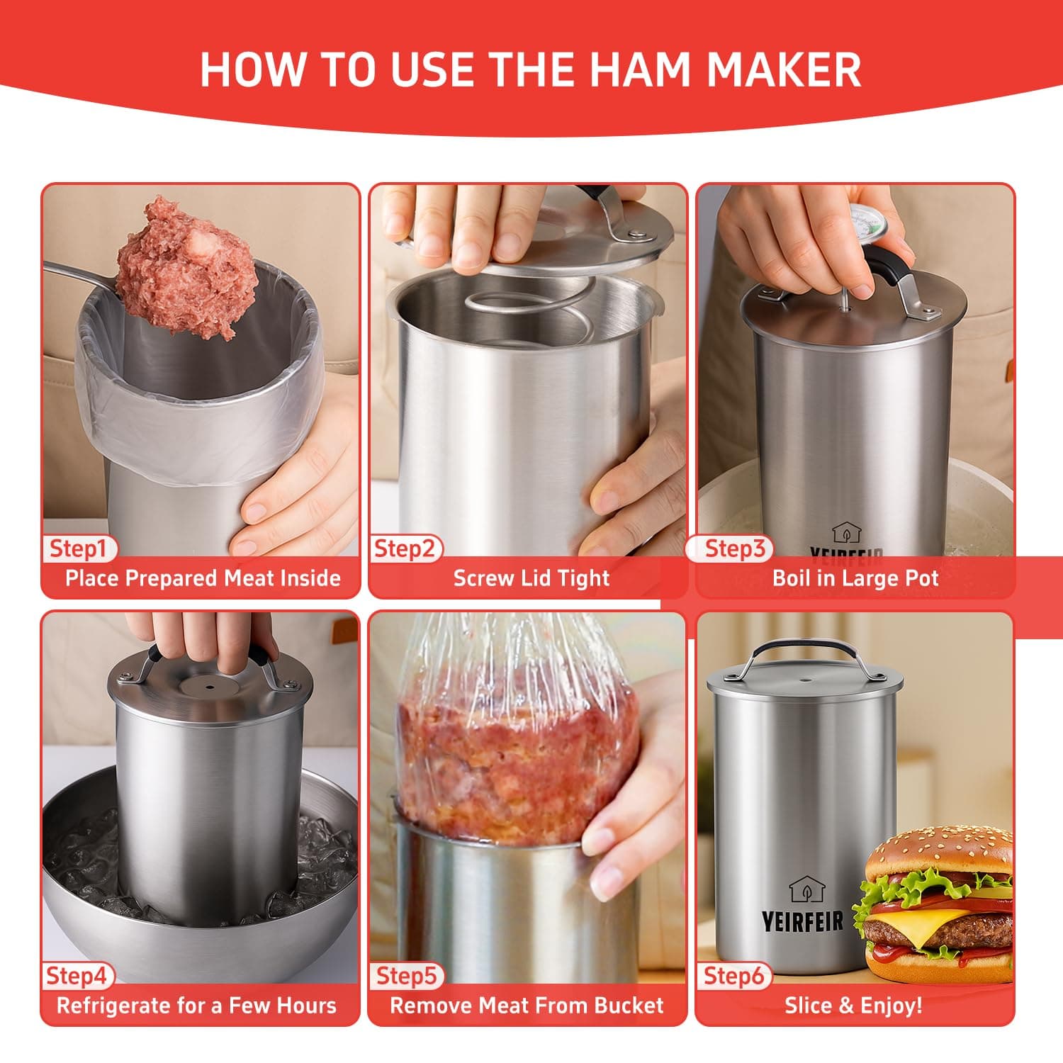 YEIRFEIR 304 Stainless Steel Ham Maker Press With Large Dial Thermometer and Coo - Thumbnail 7