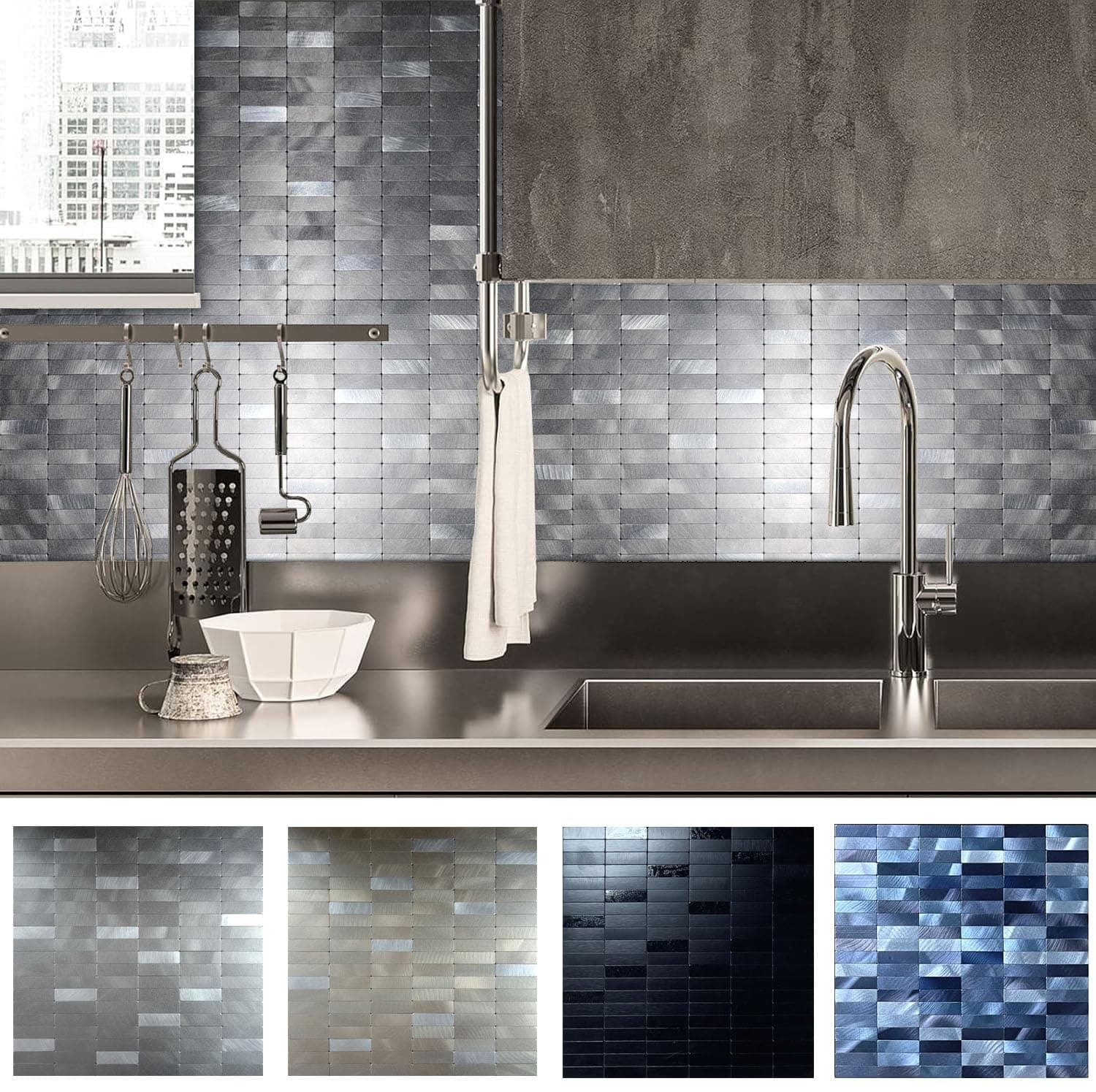 XUANINY 8-Sheet Peel and Stick Tile Backsplash Self-Adhesive Wall Tiles Aluminum - Thumbnail 6