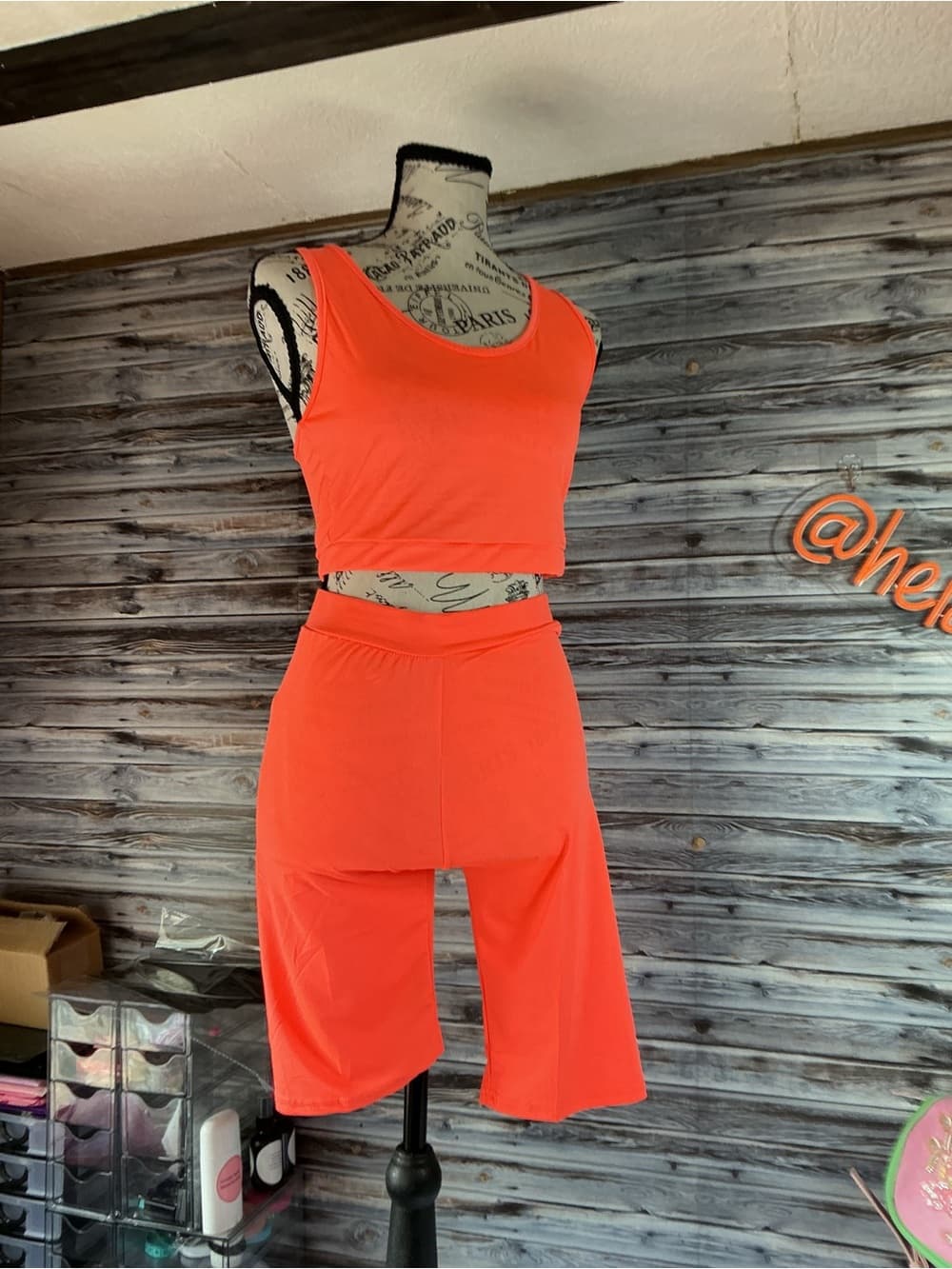 ⭐ Neon Coral Activewear Set Crop Top Biker Shorts Lounge Workout Outfit