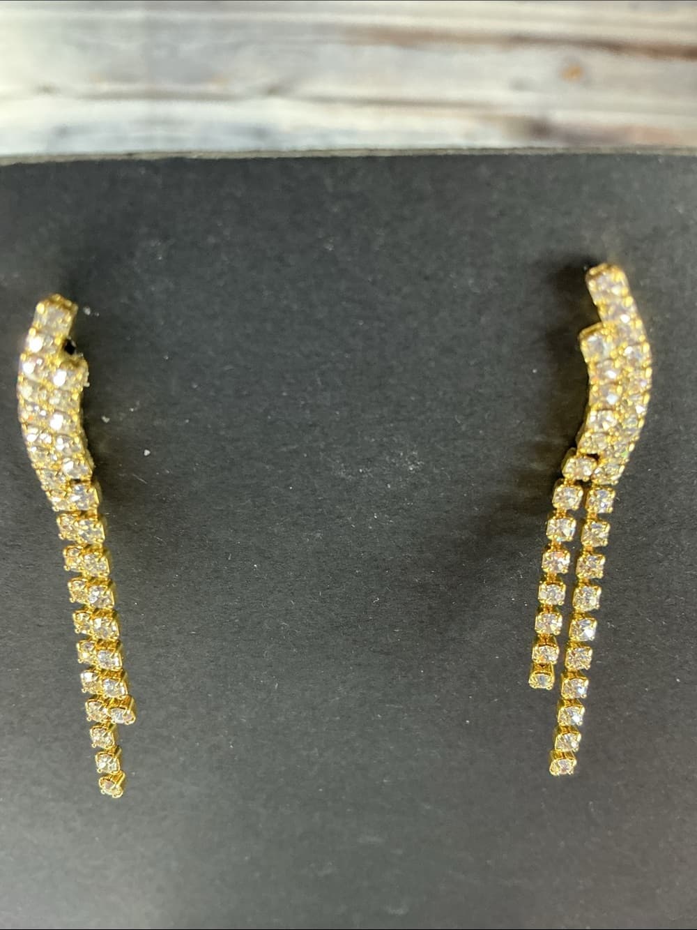 ⭐ Gold Rhinestone Drop Earrings | Curved Crystal Dangle Statement - Thumbnail 3