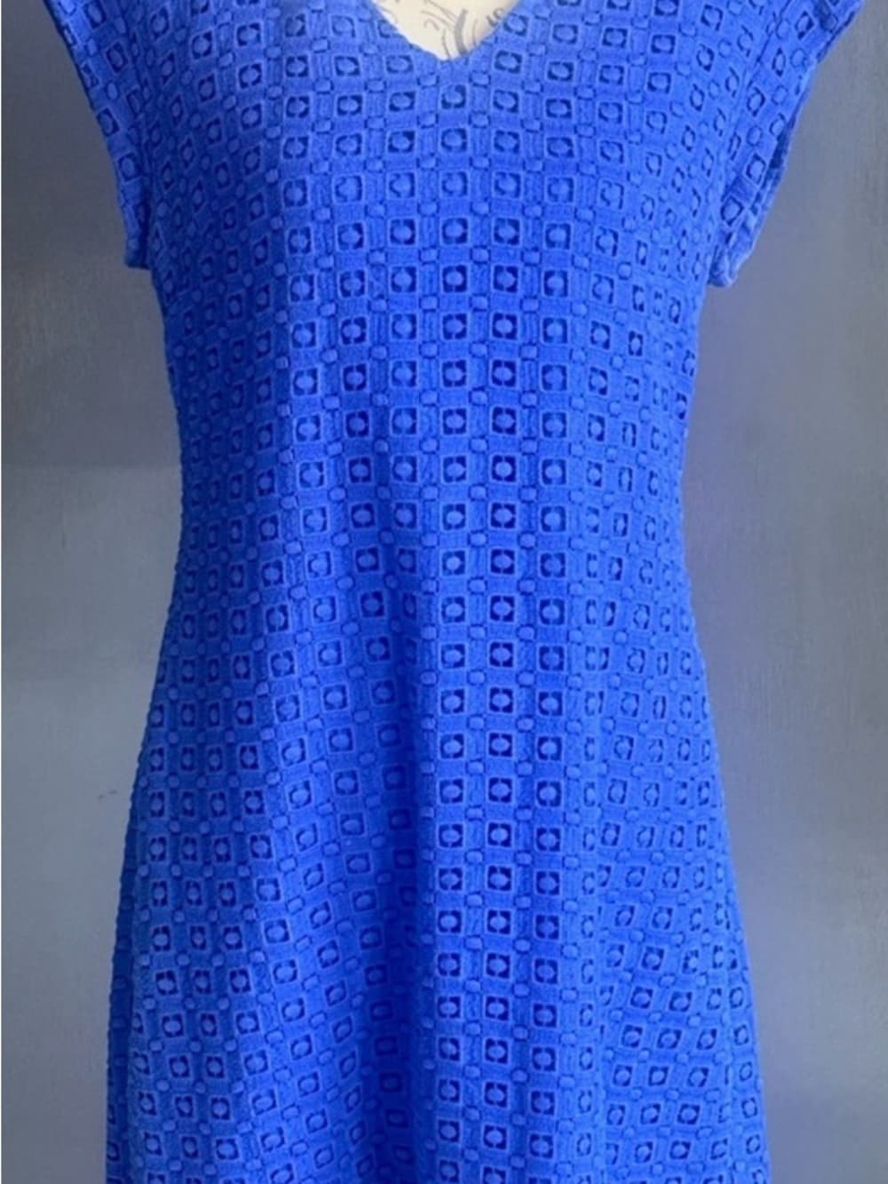 ★ Blue Textured Fit & Flare Dress Size 10 Short Sleeve V-Neck - Thumbnail 6