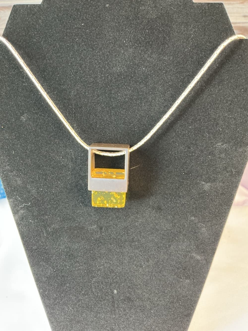 Gold Geometric Necklace Amber Resin Pendant Long Chain Statement - Thumbnail 7