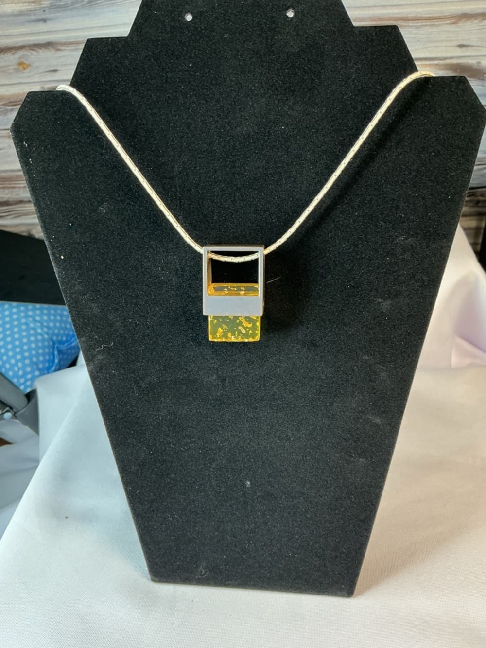 Gold Geometric Necklace Amber Resin Pendant Long Chain Statement - Thumbnail 2