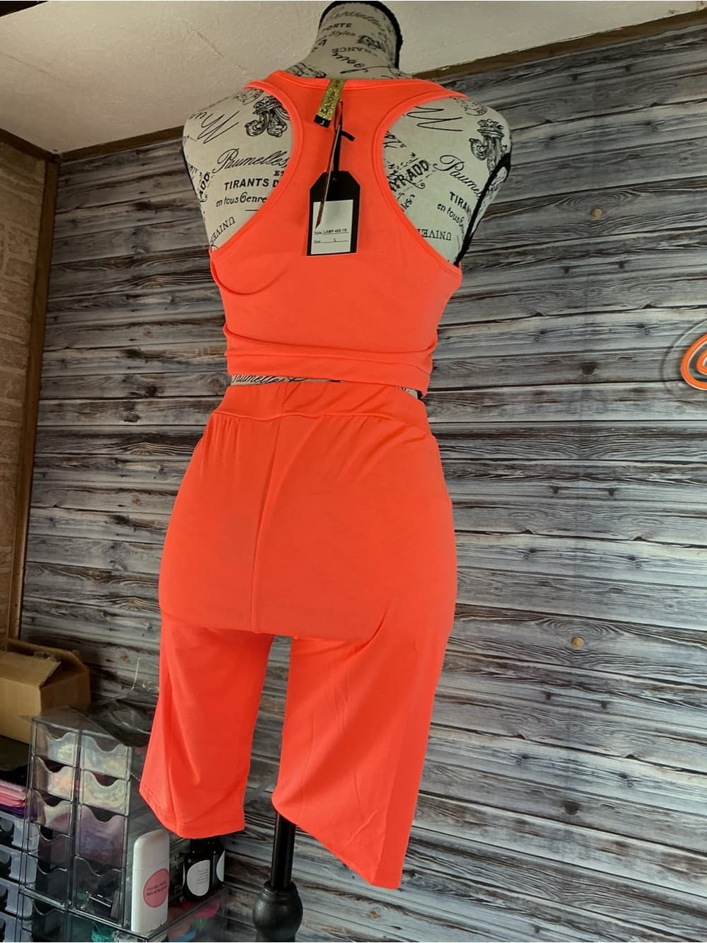 ⭐ Neon Coral Activewear Set Crop Top Biker Shorts Lounge Workout Outfit - Thumbnail 4