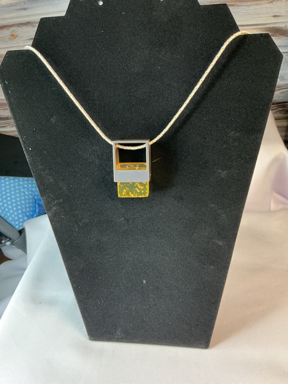 Gold Geometric Necklace Amber Resin Pendant Long Chain Statement - Thumbnail 3