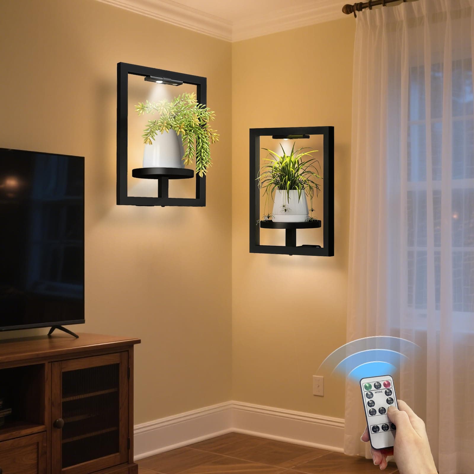 BAOYOUNI 2 Pack Picture Frame Wall Plant Holder with Light,Metal Window Plant Sh