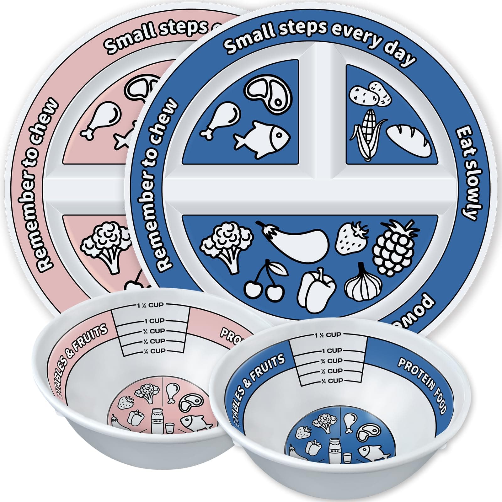 Viynran 4 Pcs Portion Control Plates & Bowls Set (2 Plates + 2 Bowls, 9 Inch) -