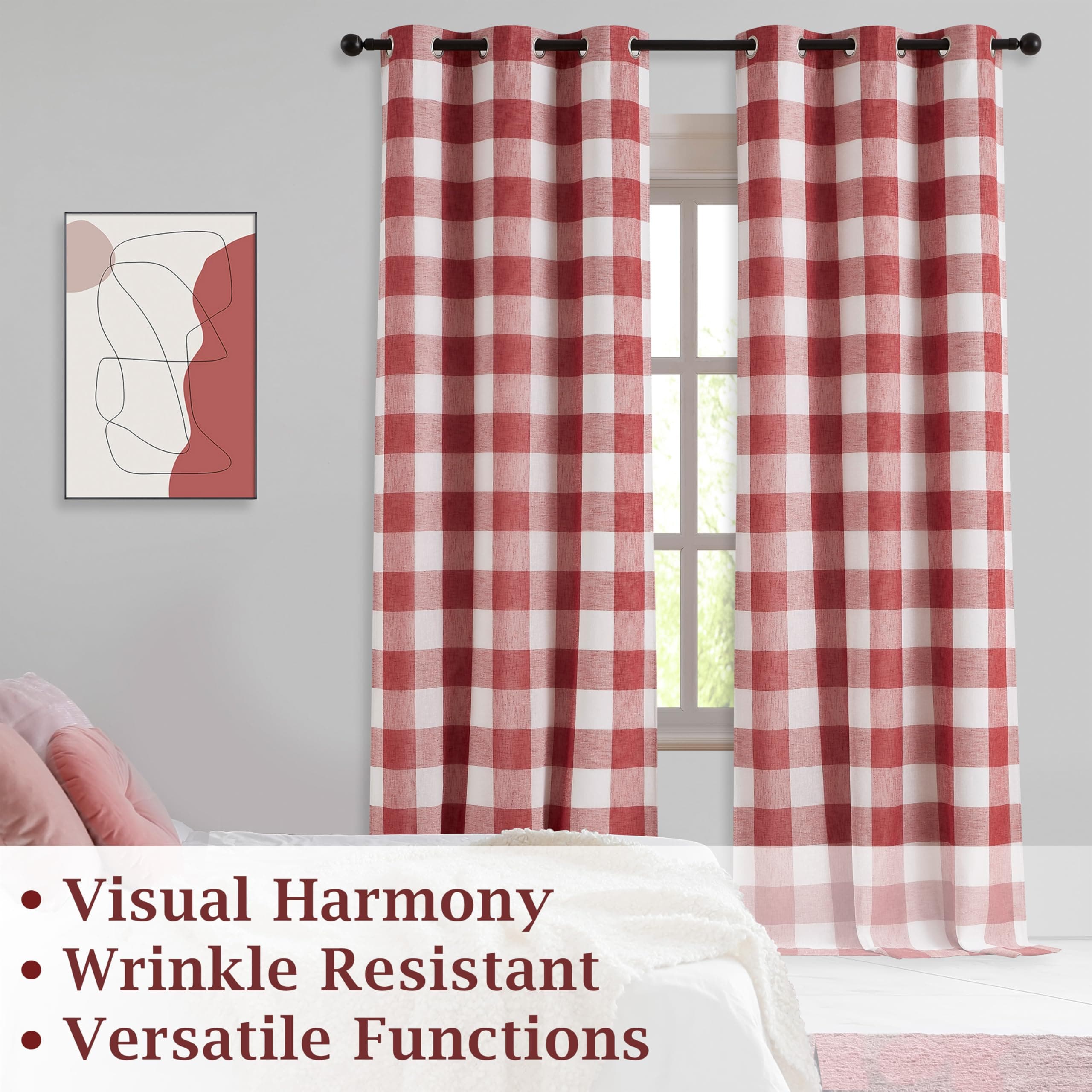 Bapawfish Red White Buffalo Plaid Full Blackout Curtain Panels 95 Inches Length, - Thumbnail 7