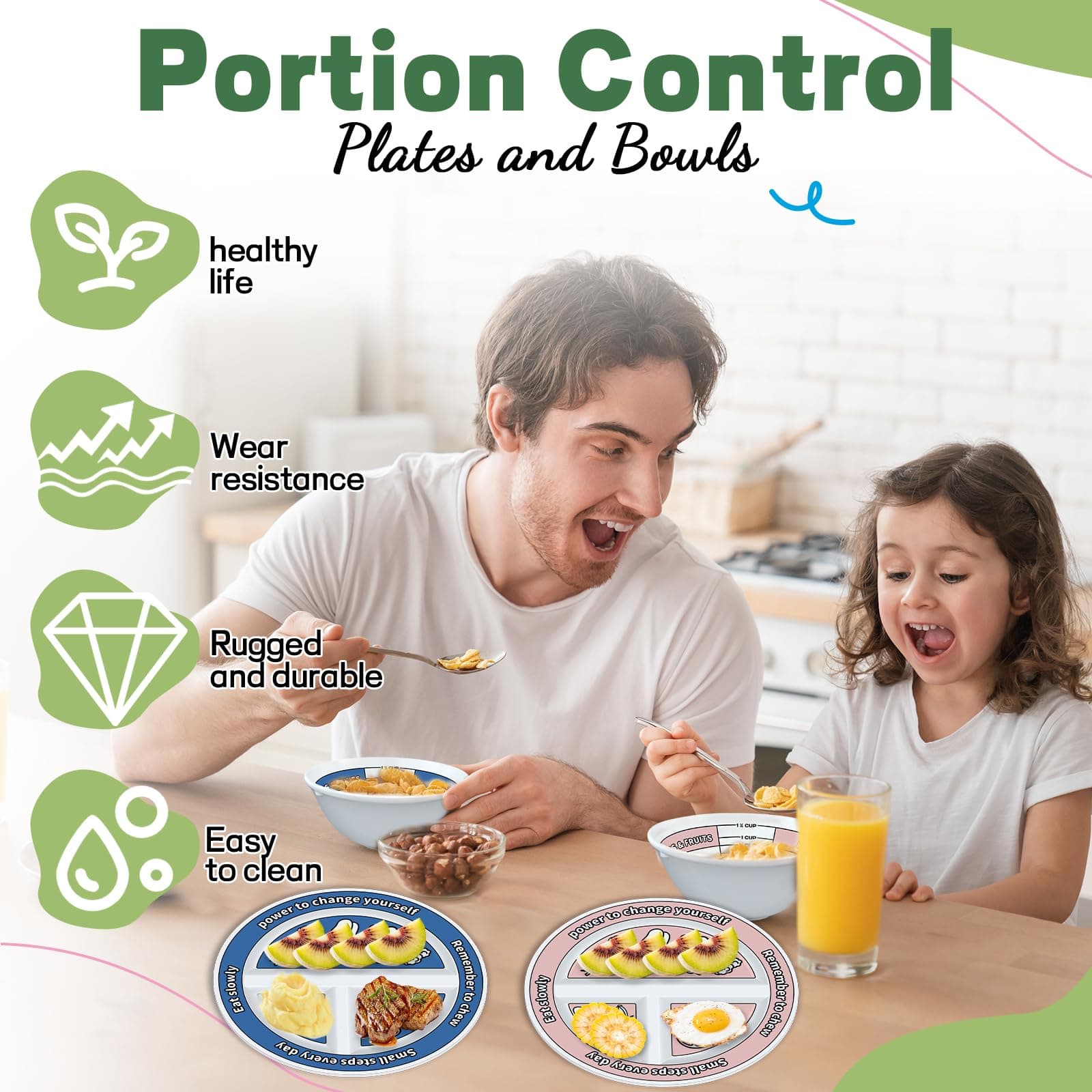 Viynran 4 Pcs Portion Control Plates & Bowls Set (2 Plates + 2 Bowls, 9 Inch) - - Thumbnail 4