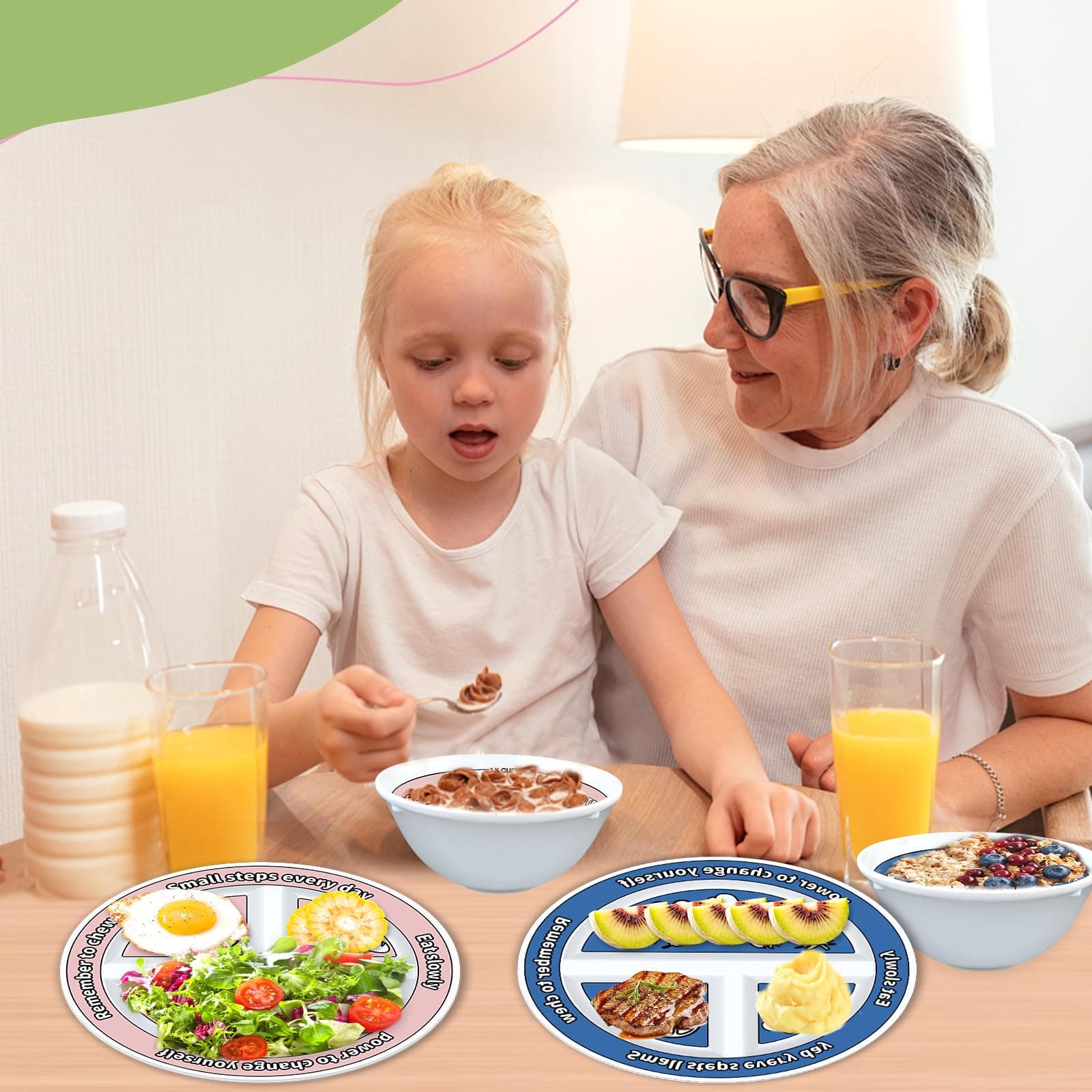 Viynran 4 Pcs Portion Control Plates & Bowls Set (2 Plates + 2 Bowls, 9 Inch) - - Thumbnail 7
