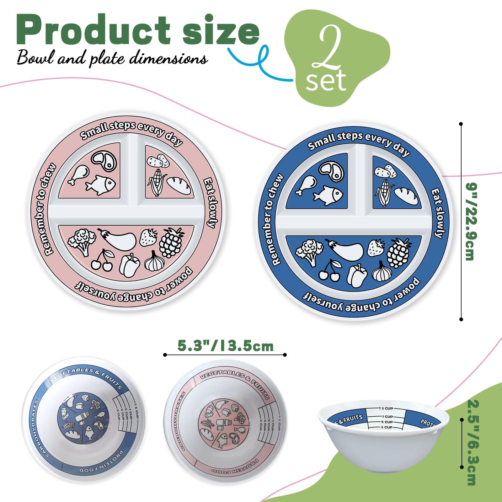 Viynran 4 Pcs Portion Control Plates & Bowls Set (2 Plates + 2 Bowls, 9 Inch) - - Thumbnail 2