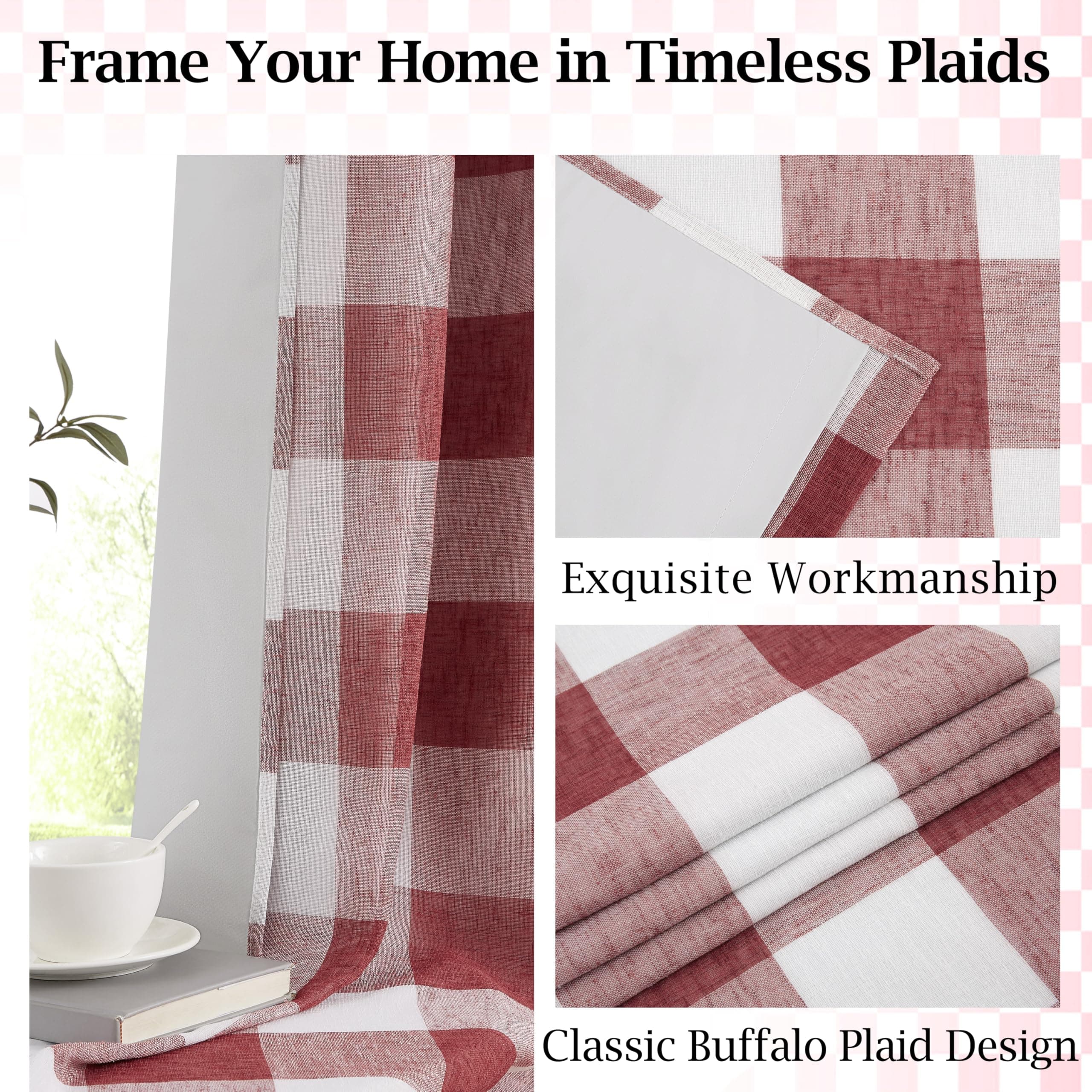 Bapawfish Red White Buffalo Plaid Full Blackout Curtain Panels 95 Inches Length, - Thumbnail 3