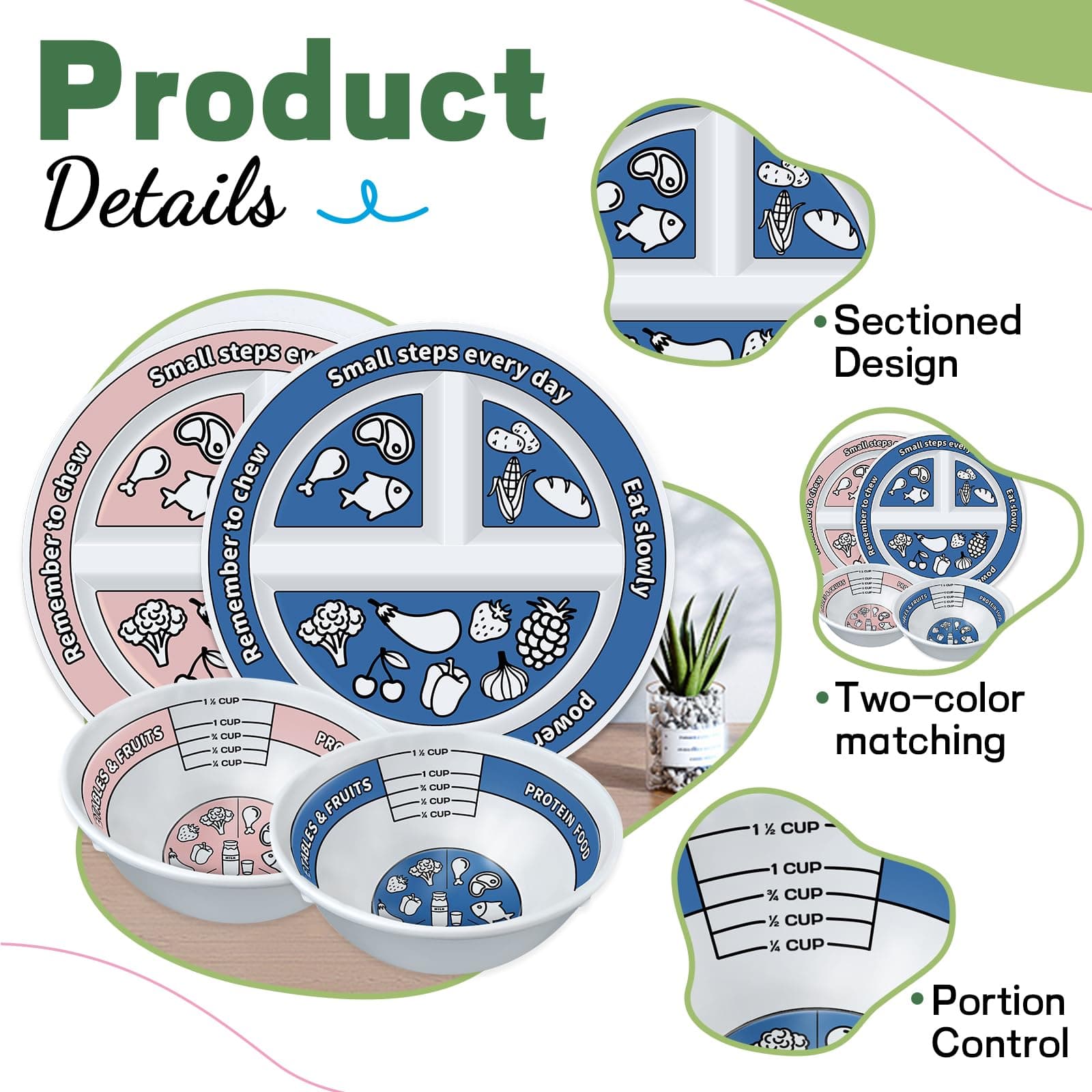 Viynran 4 Pcs Portion Control Plates & Bowls Set (2 Plates + 2 Bowls, 9 Inch) - - Thumbnail 3