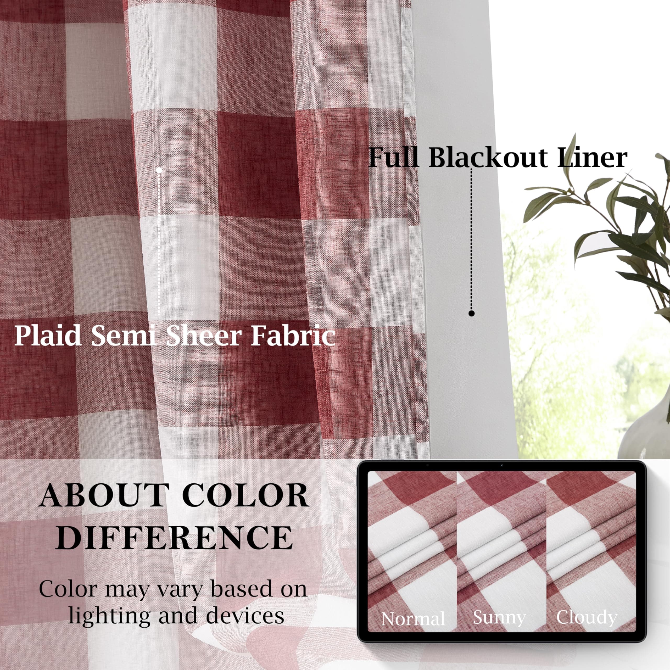 Bapawfish Red White Buffalo Plaid Full Blackout Curtain Panels 95 Inches Length, - Thumbnail 2