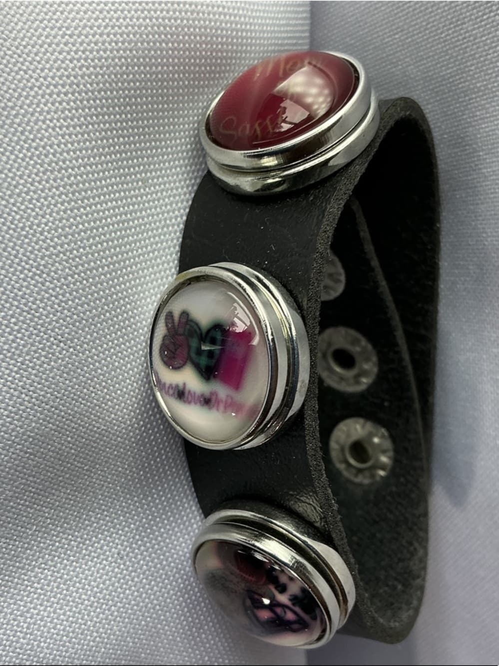 Black Leather Snap Bracelet Interchangeable Charm Button Bracelet - Thumbnail 2