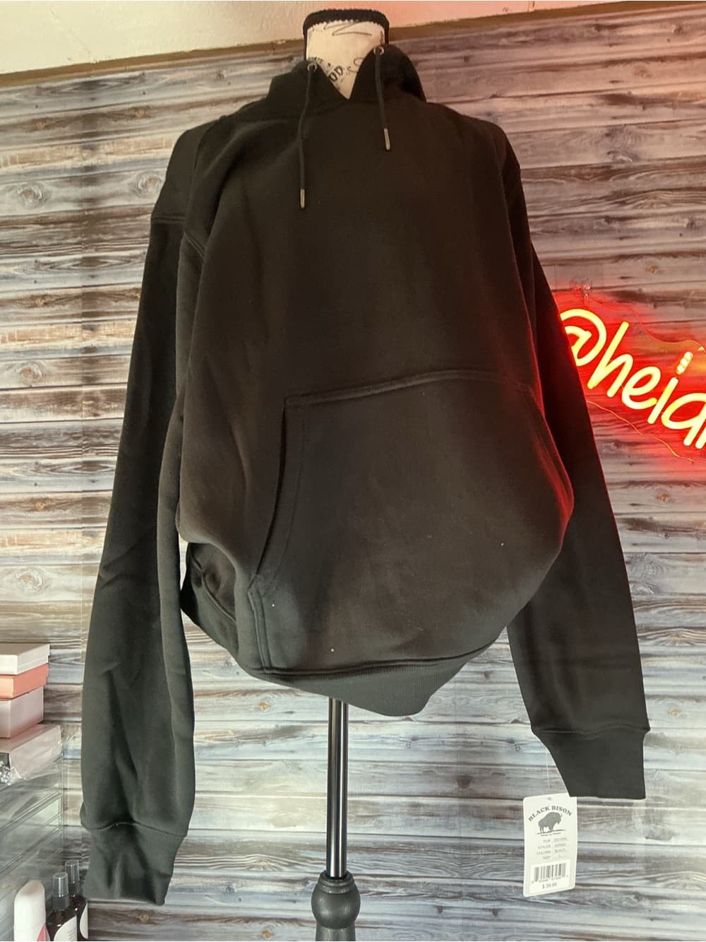 ⭐ Black Bison Black Pullover Hoodie Fleece Pocket Casual Size M L - Thumbnail 9