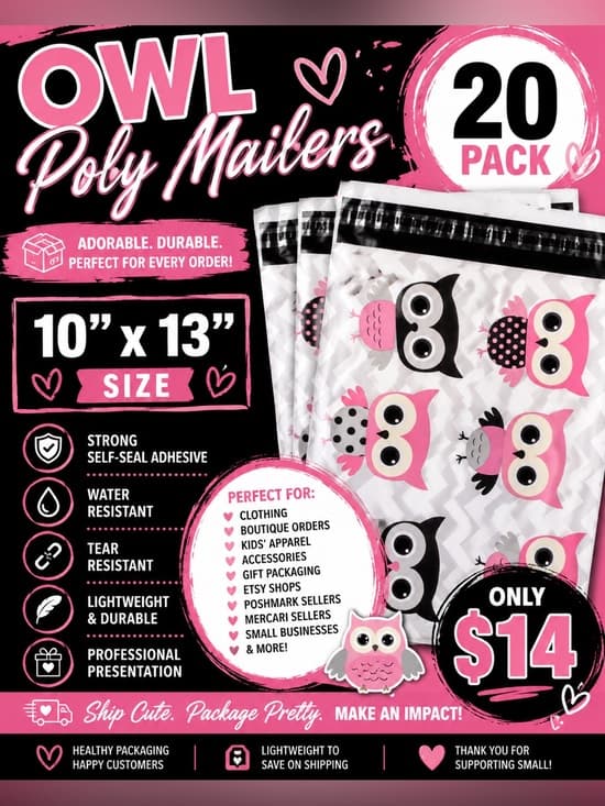 ★ 20 Owl Poly Mailers 10x13 Cute Boutique Shipping Bags Pink Black - Thumbnail 2