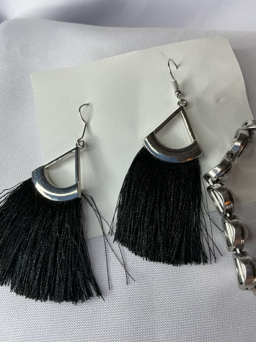 Black Tassel Earrings & Silver Stretch Bracelet Set Boho Chic