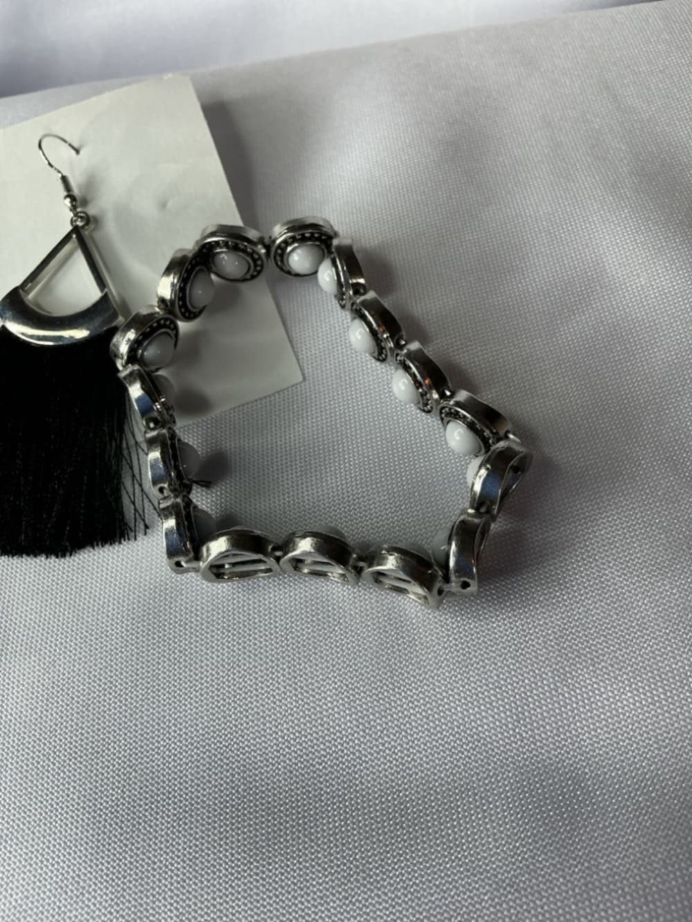 Black Tassel Earrings & Silver Stretch Bracelet Set Boho Chic - Thumbnail 2