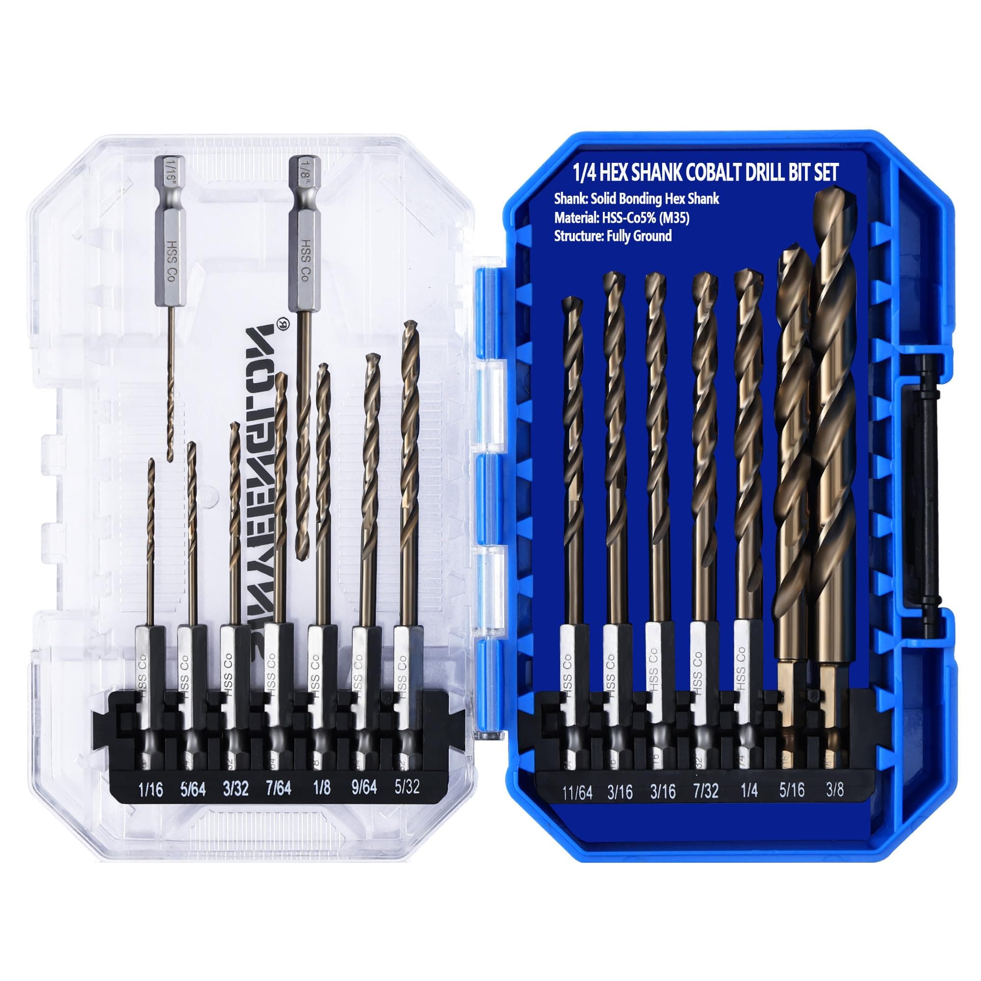 Sinyeenglon Hex Shank Cobalt Drill Bit Set 16Pcs 1/16"-3/8", M35 HSS Twist Impac