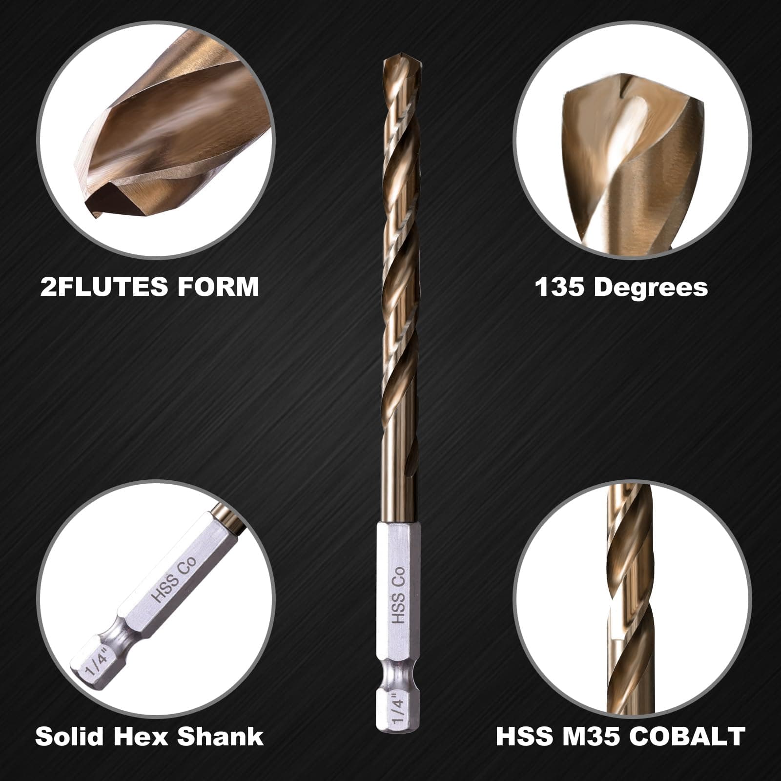 Sinyeenglon Hex Shank Cobalt Drill Bit Set 16Pcs 1/16"-3/8", M35 HSS Twist Impac - Thumbnail 3
