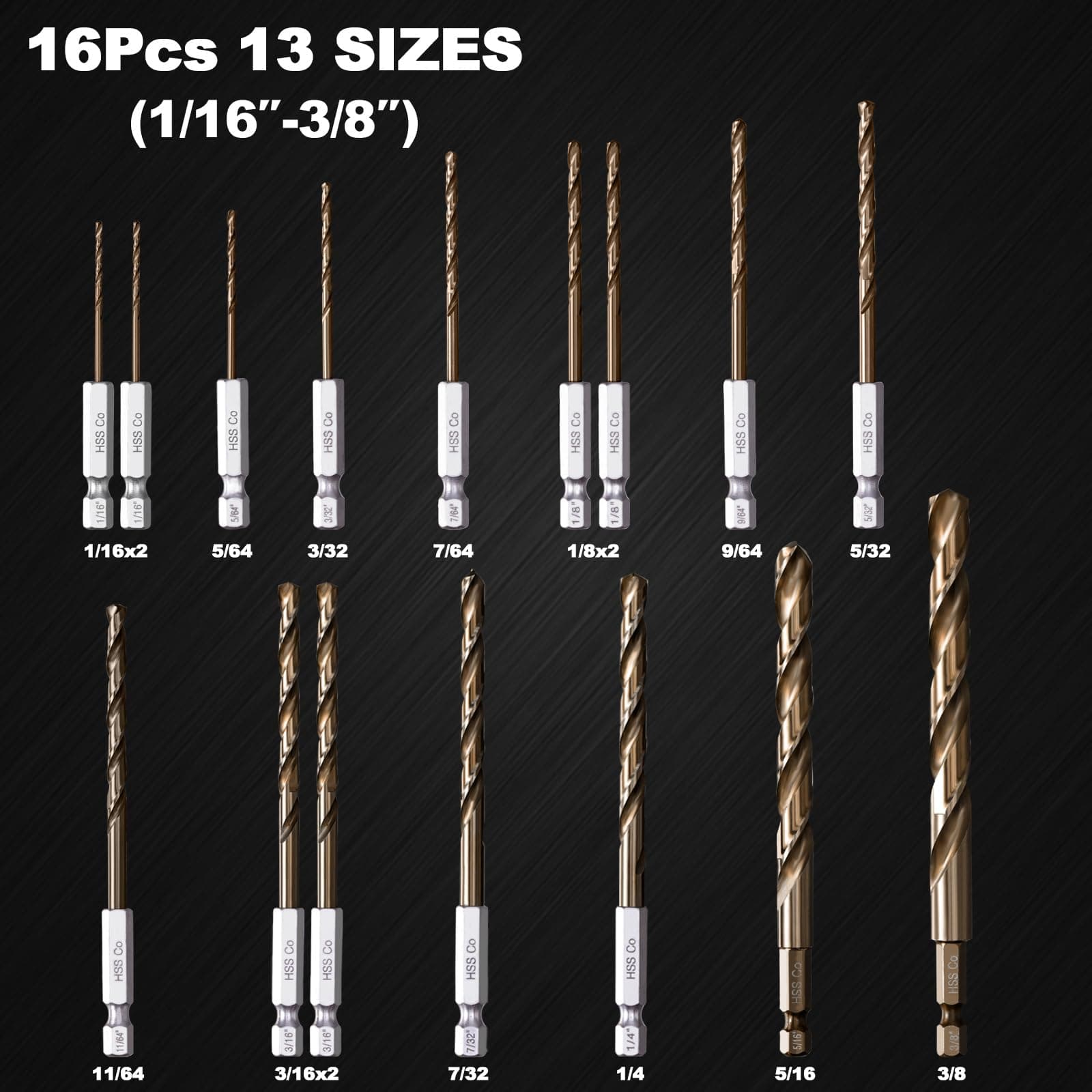 Sinyeenglon Hex Shank Cobalt Drill Bit Set 16Pcs 1/16"-3/8", M35 HSS Twist Impac - Thumbnail 2