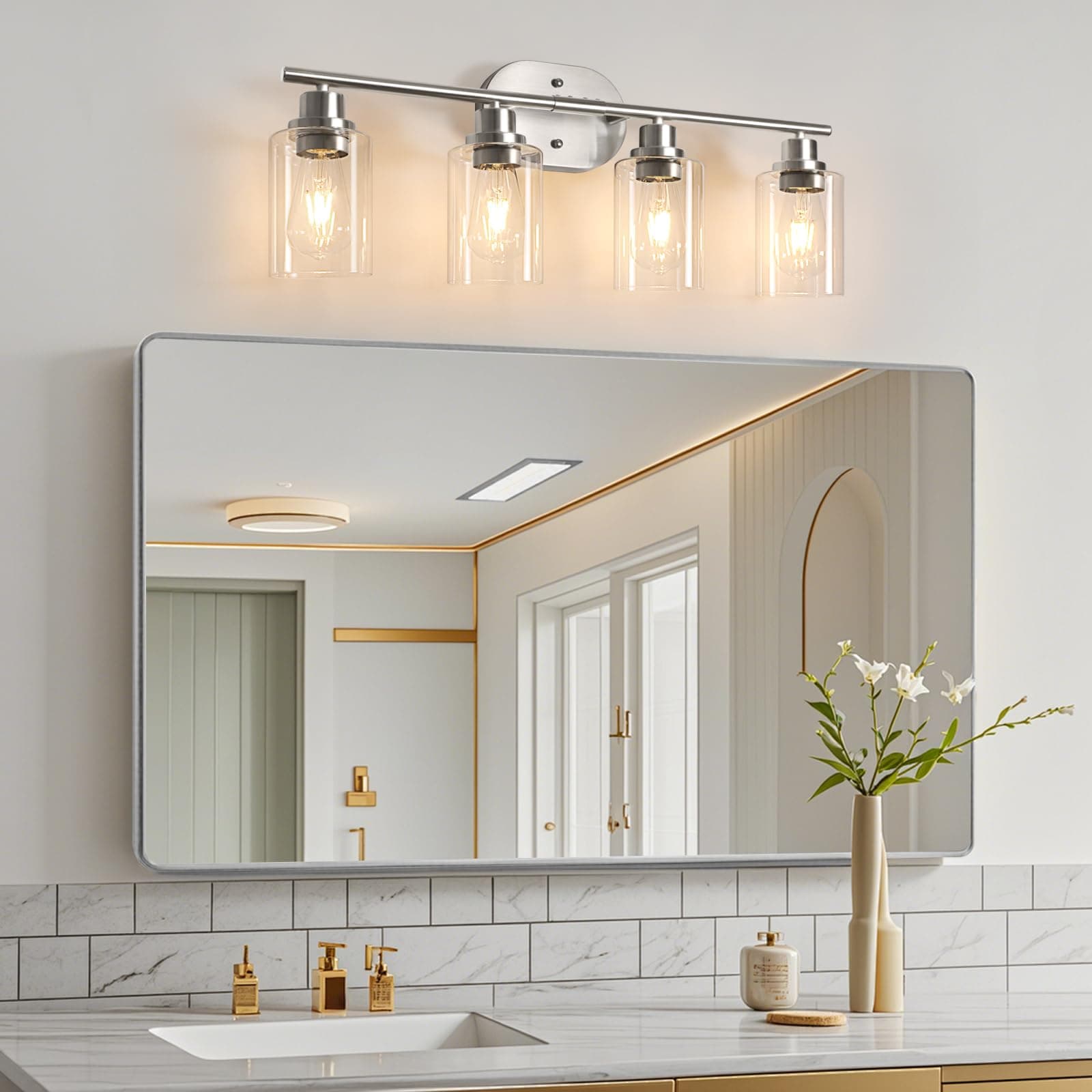 Ascher 4-Light Bathroom Light Fixtures, Modern Vanity Lights with Clear Glass Sh - Thumbnail 8