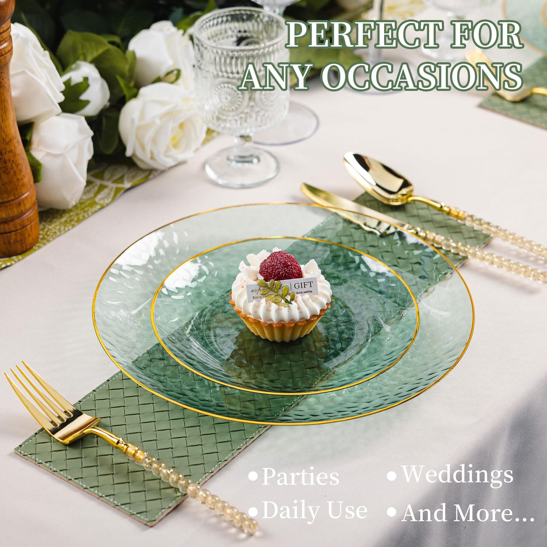 Lullaby 60pcs Green Plastic Plates with Gold Rim, Includes 30pcs Dinner Plate 10 - Thumbnail 5