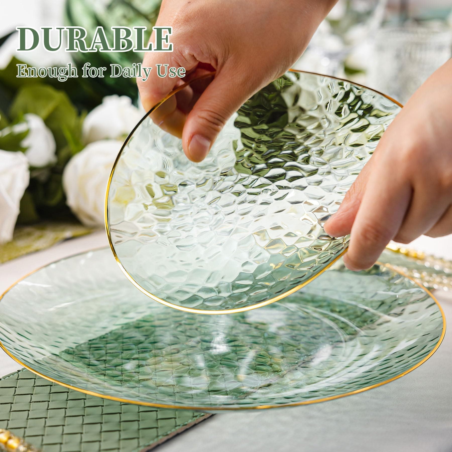 Lullaby 60pcs Green Plastic Plates with Gold Rim, Includes 30pcs Dinner Plate 10 - Thumbnail 6