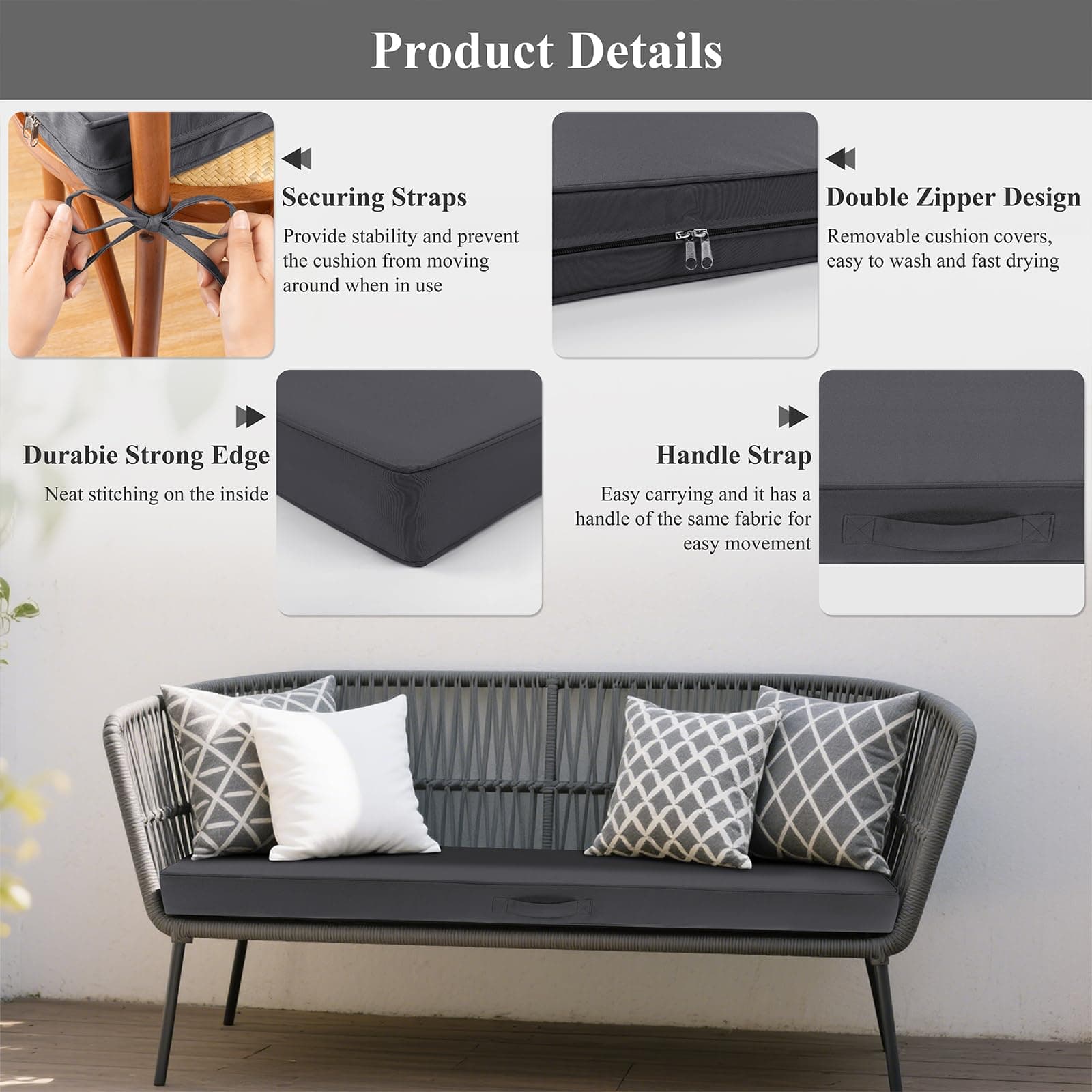 SHACOS Outdoor Bench Cushions 54 x 16 Inch, 3.2 Inch Thick High-Density Bench Cu - Thumbnail 5