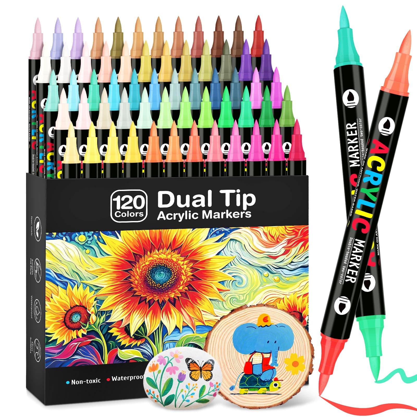 120 Colors Acrylic Paint Markers, Dual Tip Acrylic Paint Pens with Brush Tip for