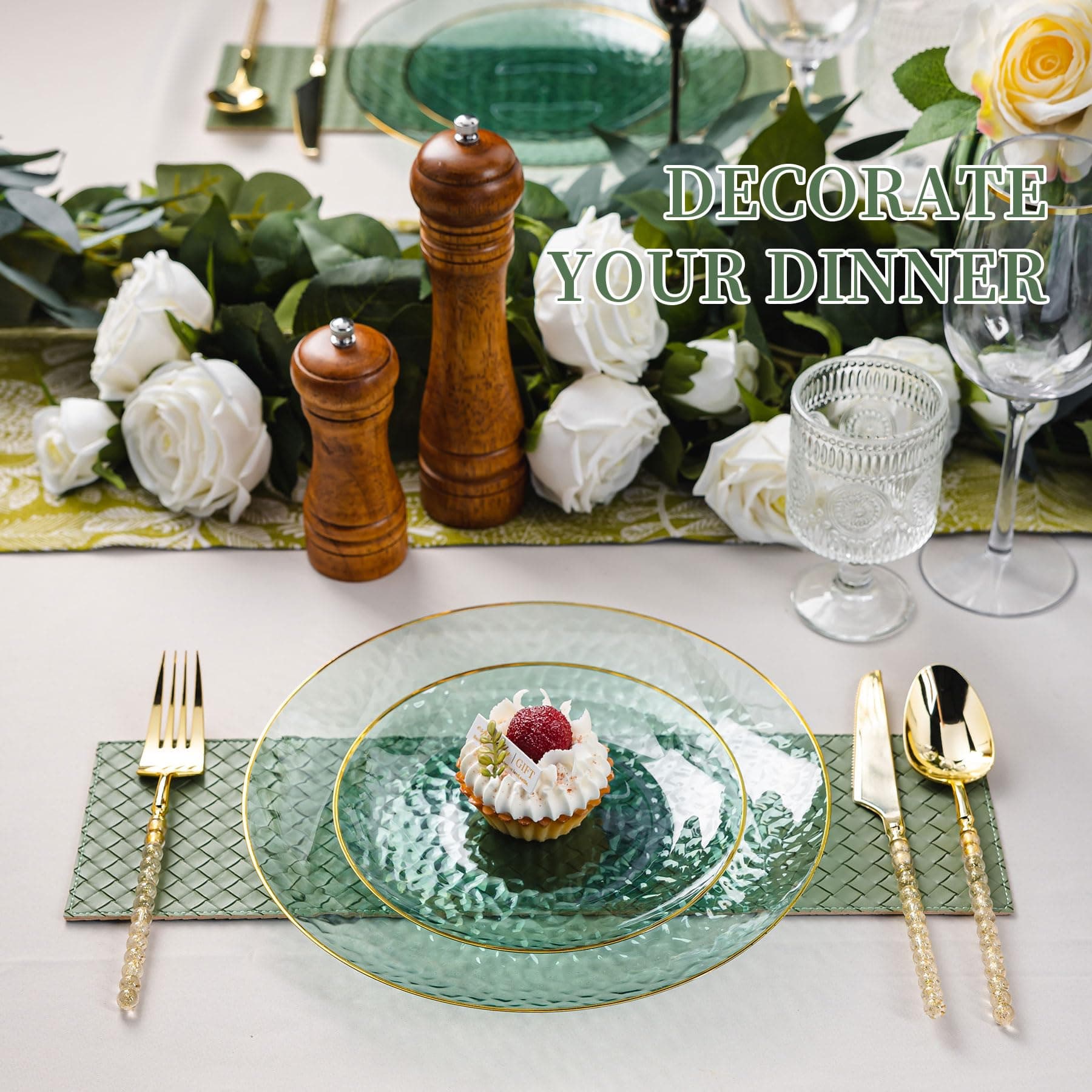 Lullaby 60pcs Green Plastic Plates with Gold Rim, Includes 30pcs Dinner Plate 10 - Thumbnail 4
