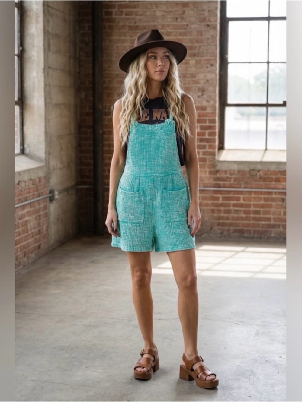 ★ Teal Textured Overall Romper Shorts Pocket Summer Boho Casual Chic - Thumbnail 3