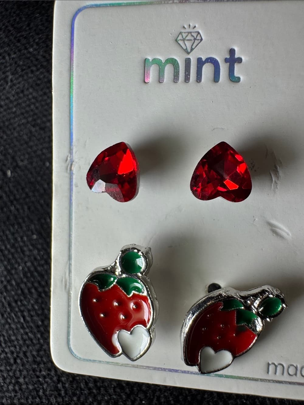 ★ Mint Strawberry Earring Set Heart Gem Studs & Strawberry Hoops - Thumbnail 2