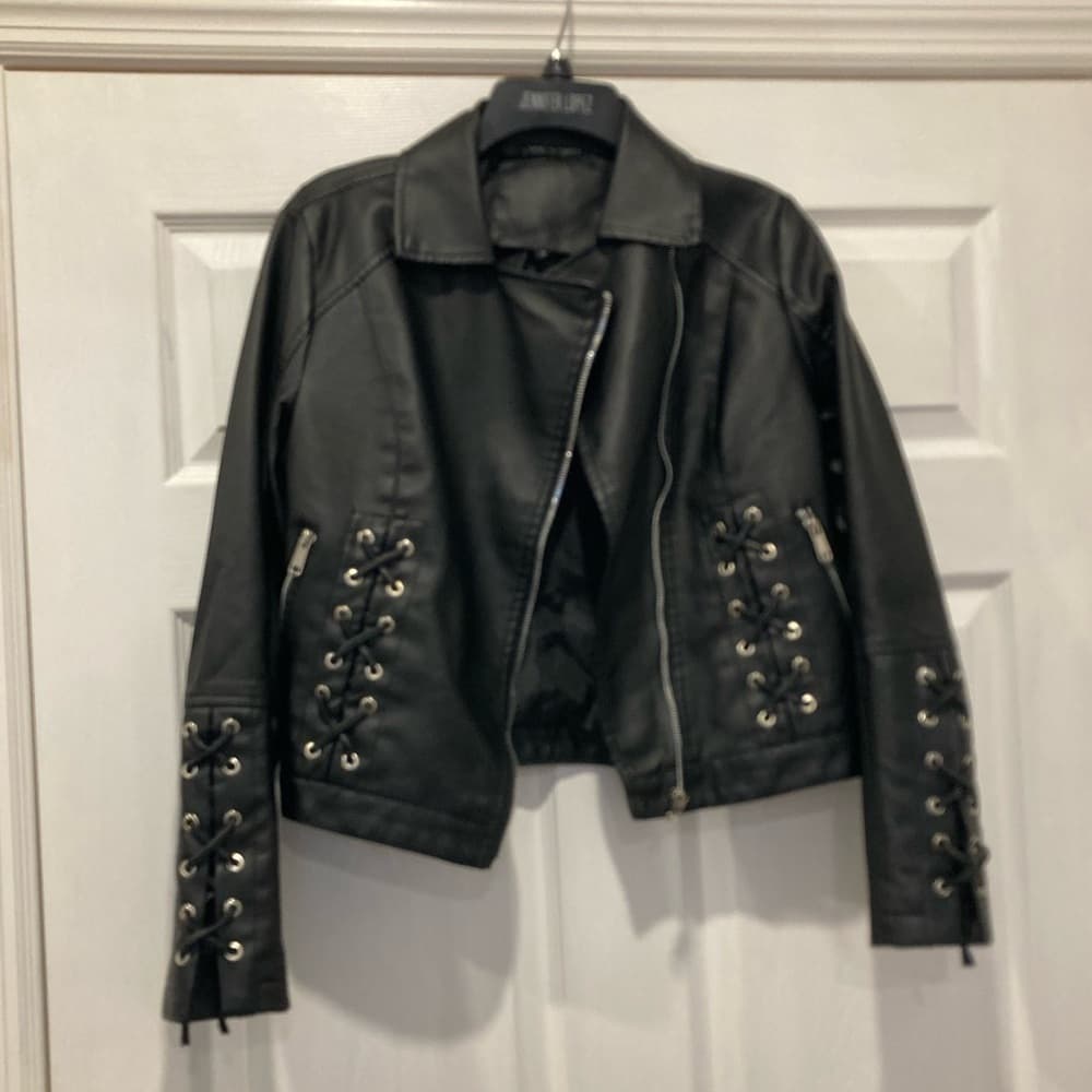 Women's Black Lace-Up Leather Jackets - Thumbnail 5