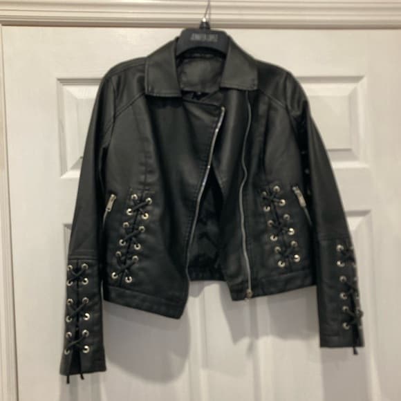 Women's Black Lace-Up Leather Jackets - Thumbnail 6