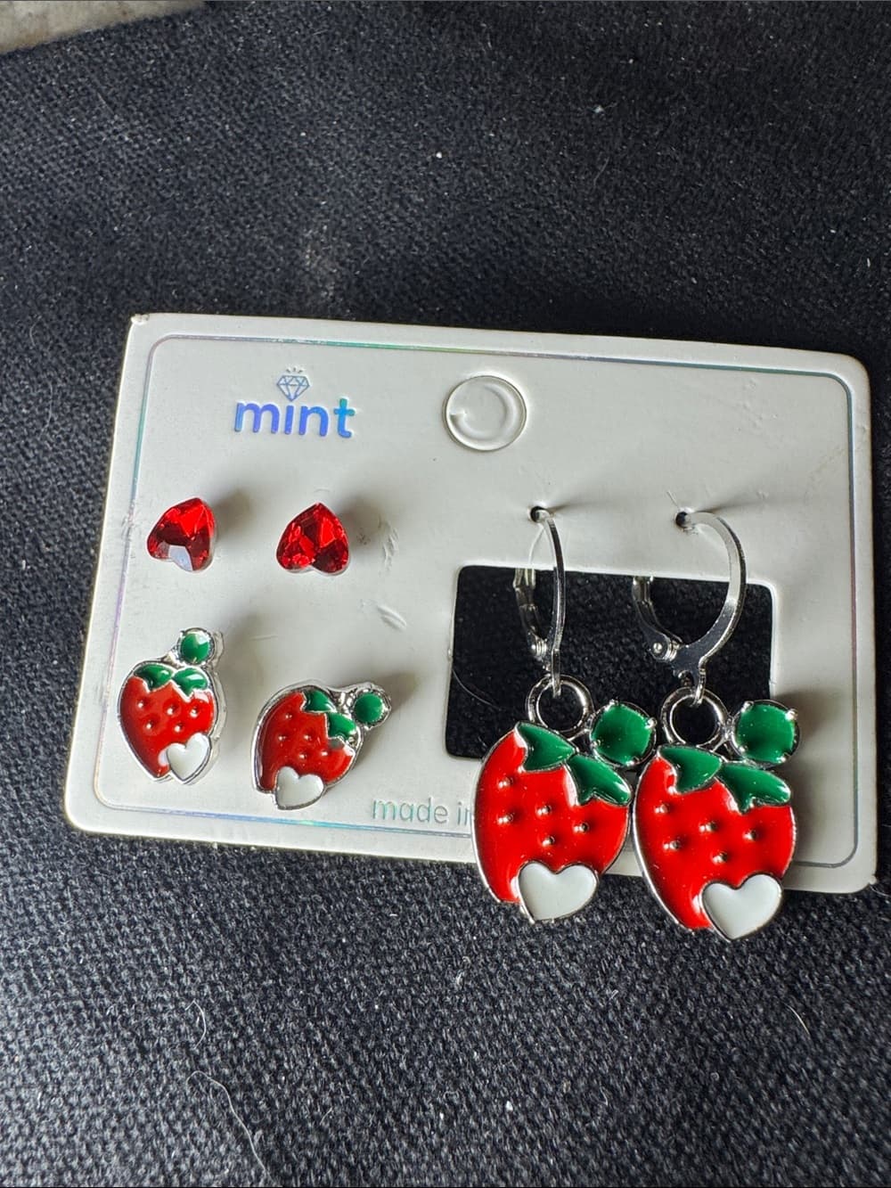 ★ Mint Strawberry Earring Set Heart Gem Studs & Strawberry Hoops