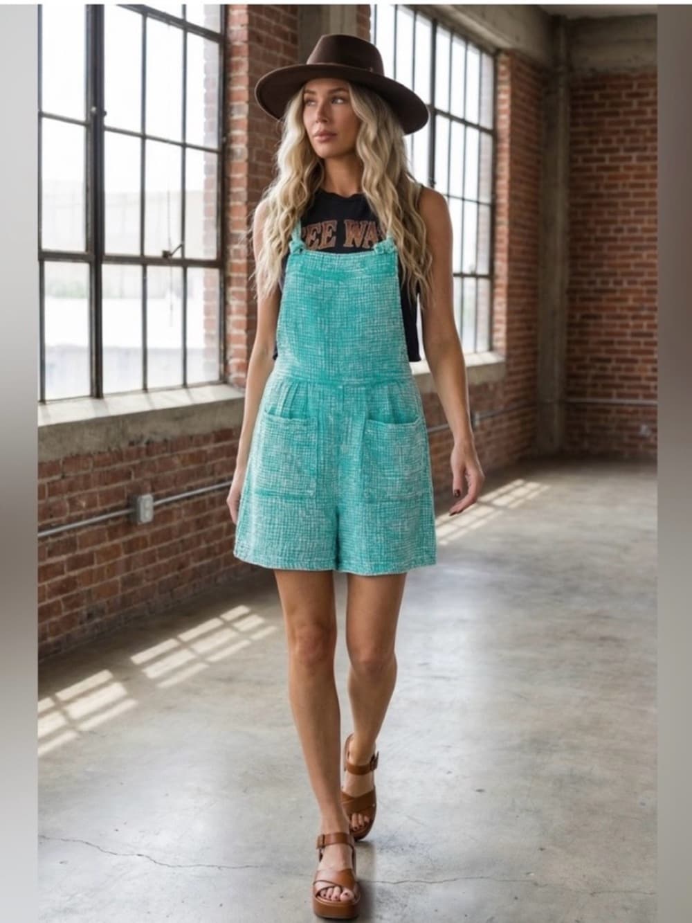 ★ Teal Textured Overall Romper Shorts Pocket Summer Boho Casual Chic - Thumbnail 2