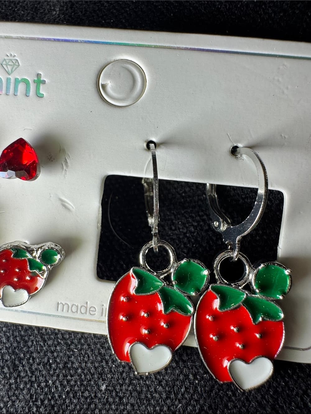 ★ Mint Strawberry Earring Set Heart Gem Studs & Strawberry Hoops - Thumbnail 3