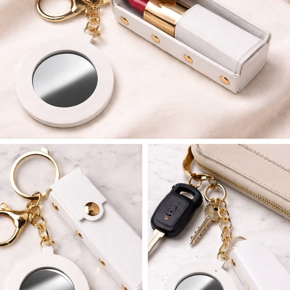 White Lipstick Holder Keychain Mirror Case Travel Makeup Organizer - Thumbnail 2