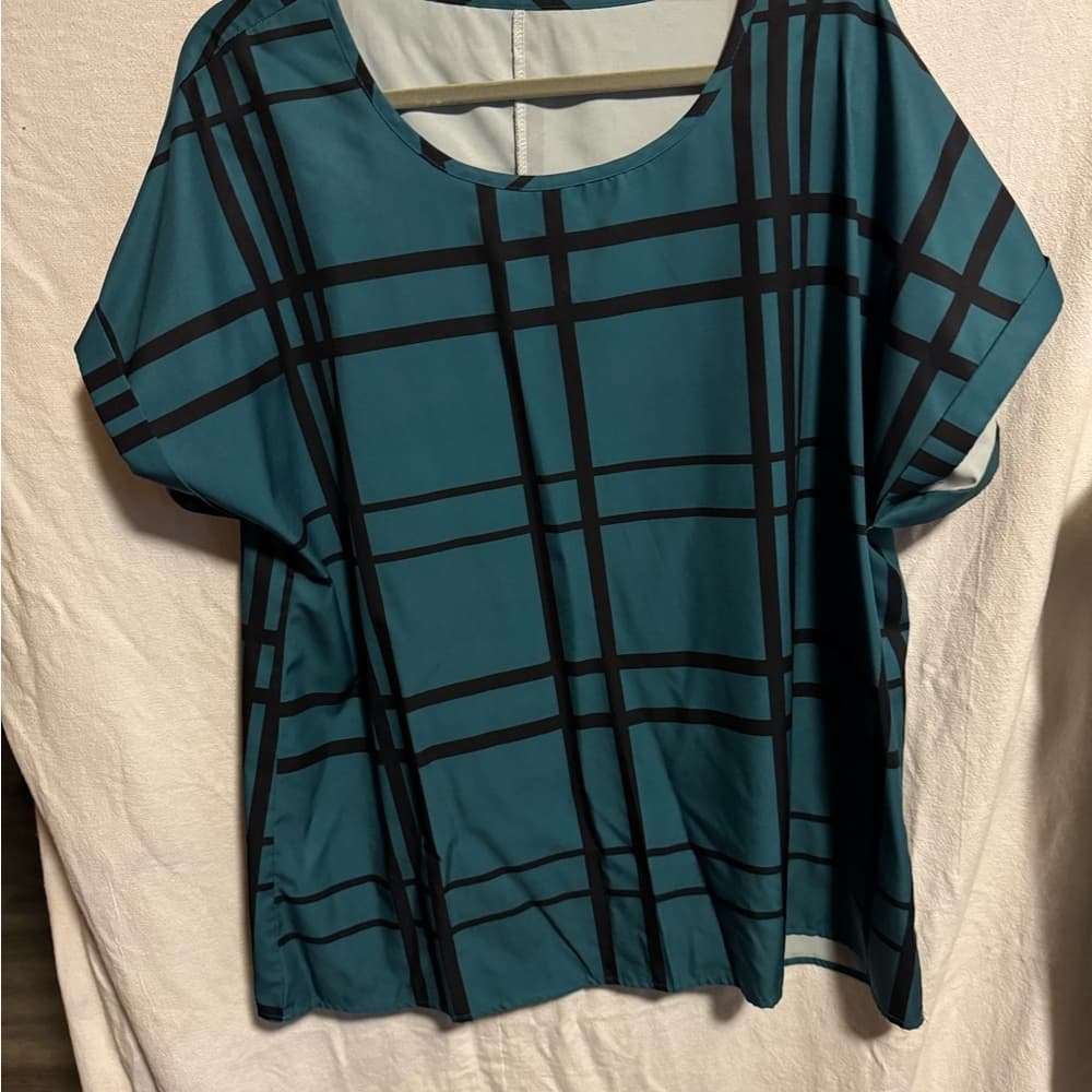 ★ Teal Geometric Plaid Tunic Top Rolled Sleeve Relaxed Fit Blouse - Thumbnail 3